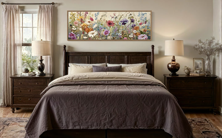 Vintage Wildflowers Field Panoramic Above Bed Wall Art
