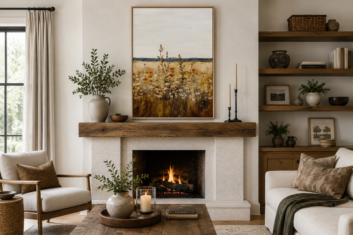 Vintage wildflowers field vertical framed canvas wall art hanging above a rustic fireplace mantel.