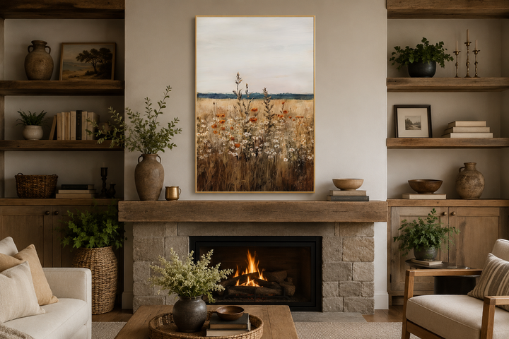 Vintage wildflowers field vertical framed canvas wall art hanging above a stone fireplace.