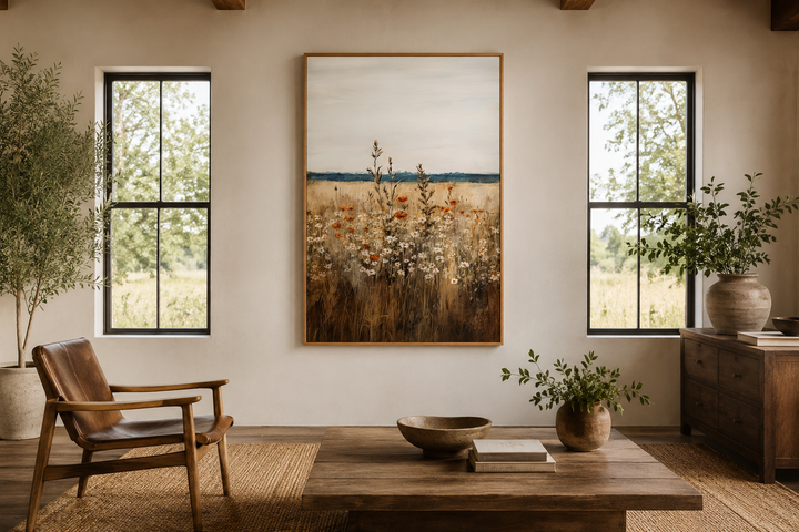 Vintage wildflowers field vertical framed canvas wall art in a rustic living room setting.