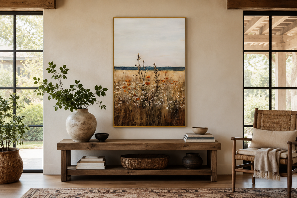 Vintage wildflowers field vertical framed canvas wall art hanging above a wooden console table.
