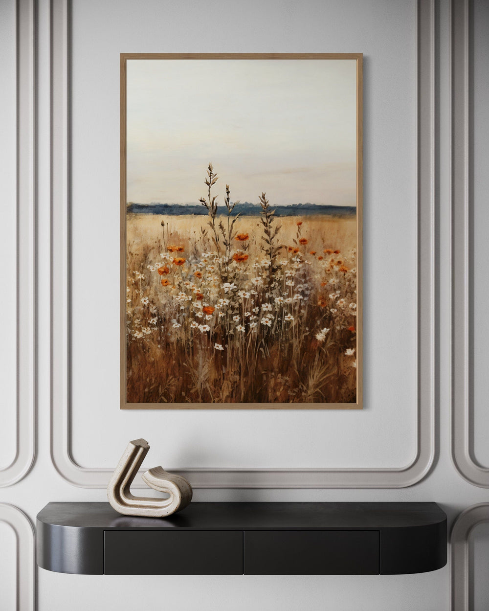 Vintage wildflowers field vertical framed canvas wall art.