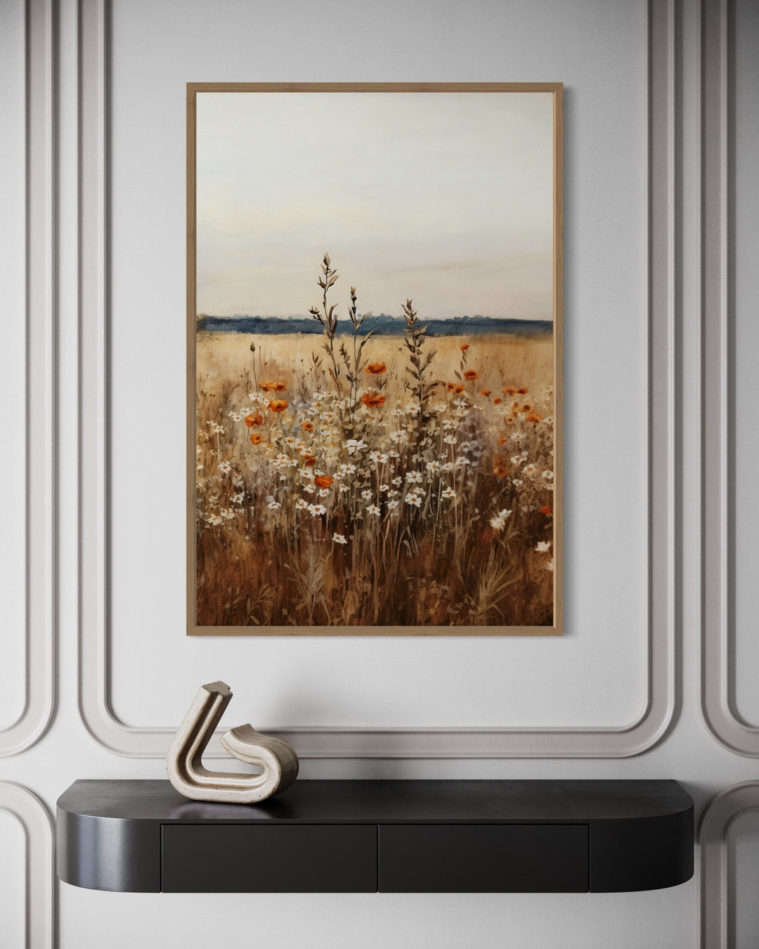 Vintage wildflowers field vertical framed canvas wall art.
