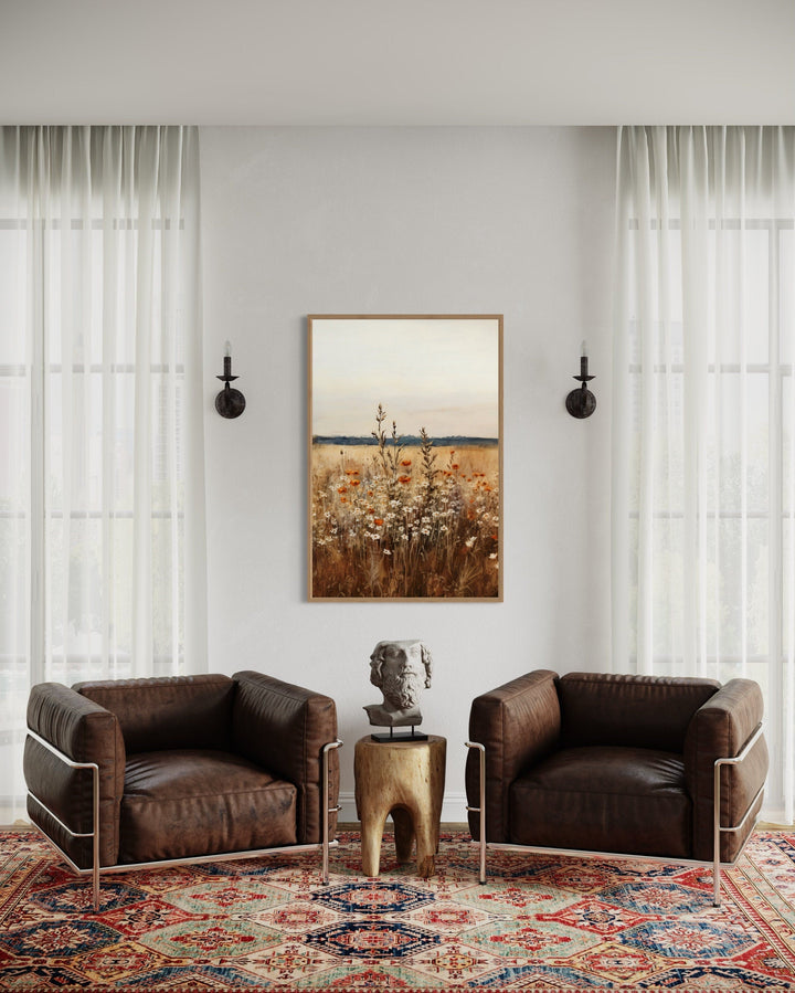 Vintage wildflowers field vertical framed canvas wall art.