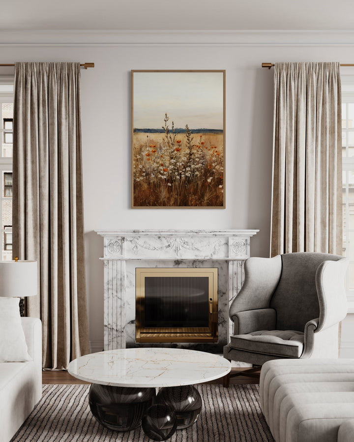 Vintage wildflowers field vertical framed canvas wall art.