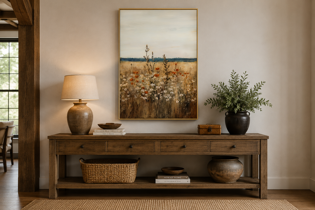 Vintage wildflowers field vertical framed canvas wall art hanging above a rustic wooden console.