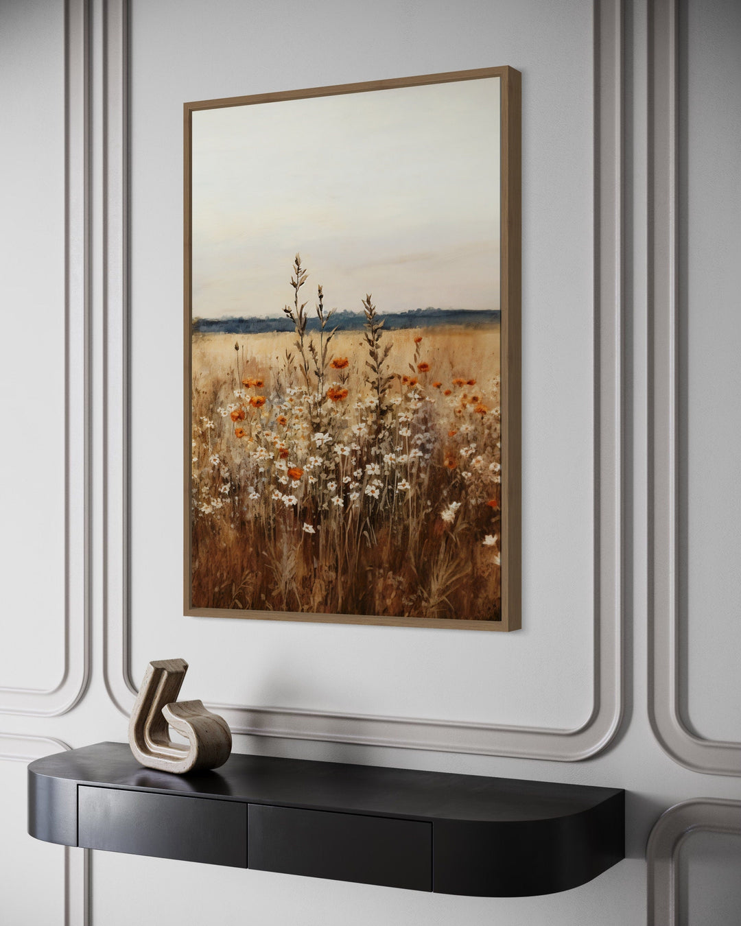 Vintage wildflowers field vertical framed canvas wall art.