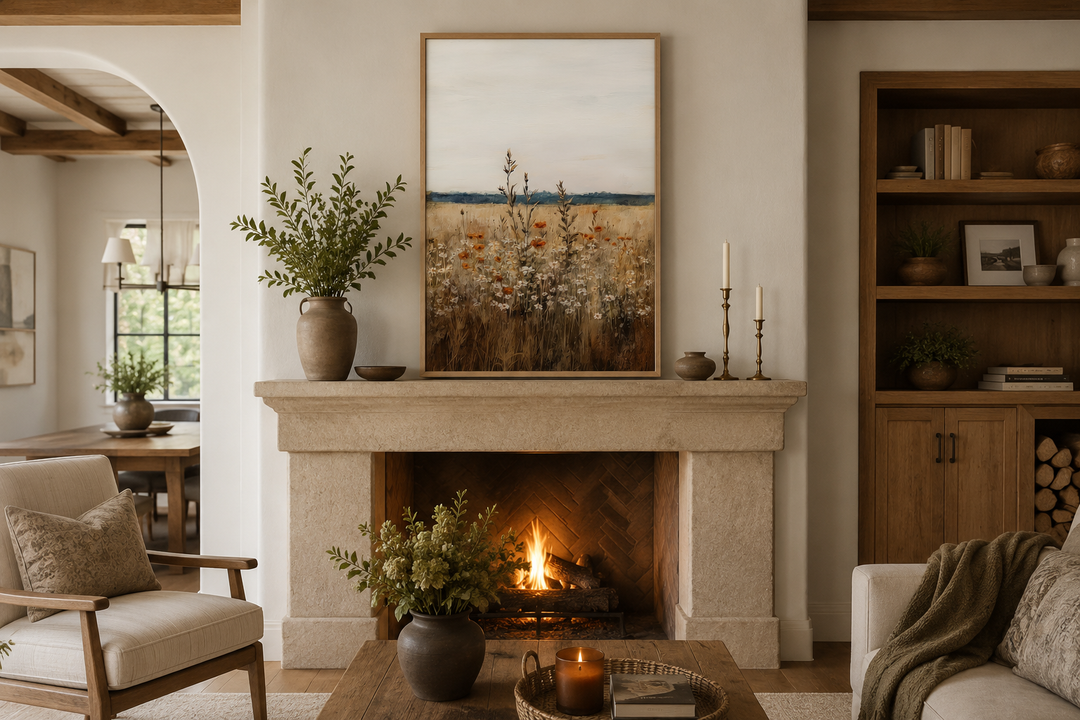 Vintage wildflowers field vertical framed canvas wall art hanging above a stone fireplace mantel.