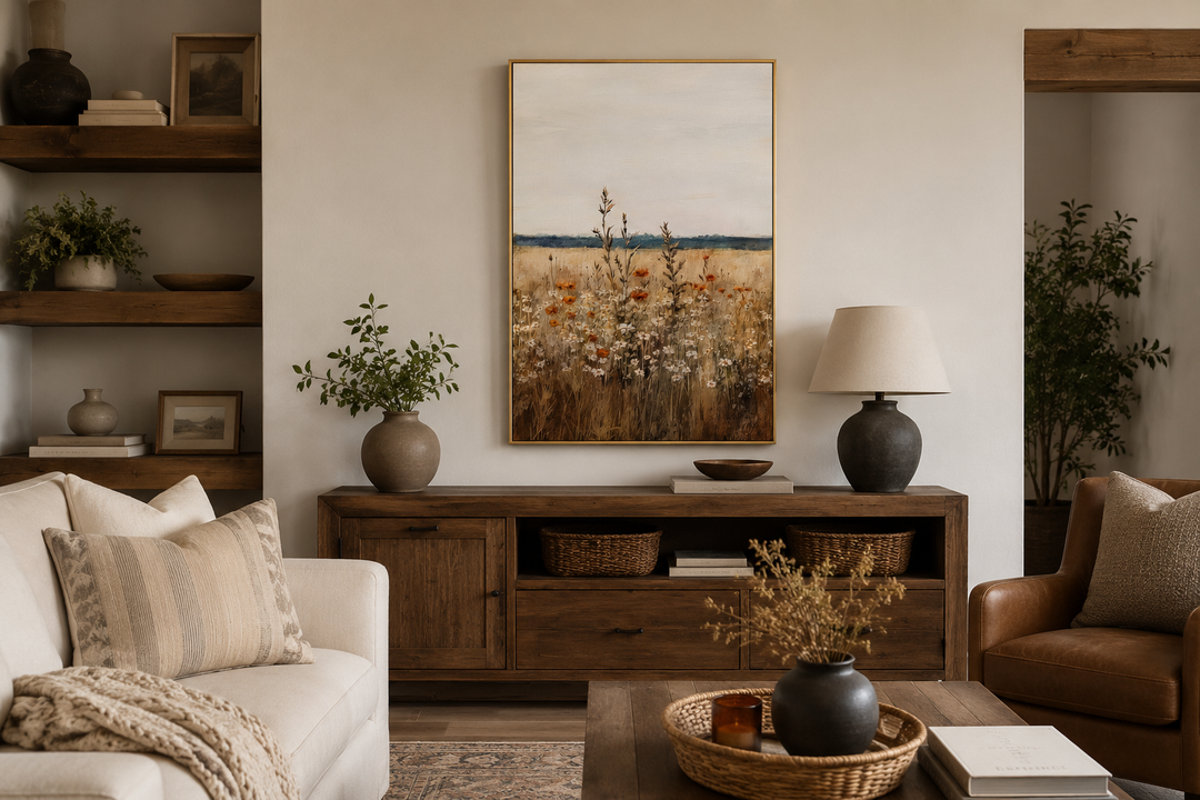 Vintage wildflowers field vertical framed canvas wall art hanging above a wooden console table.