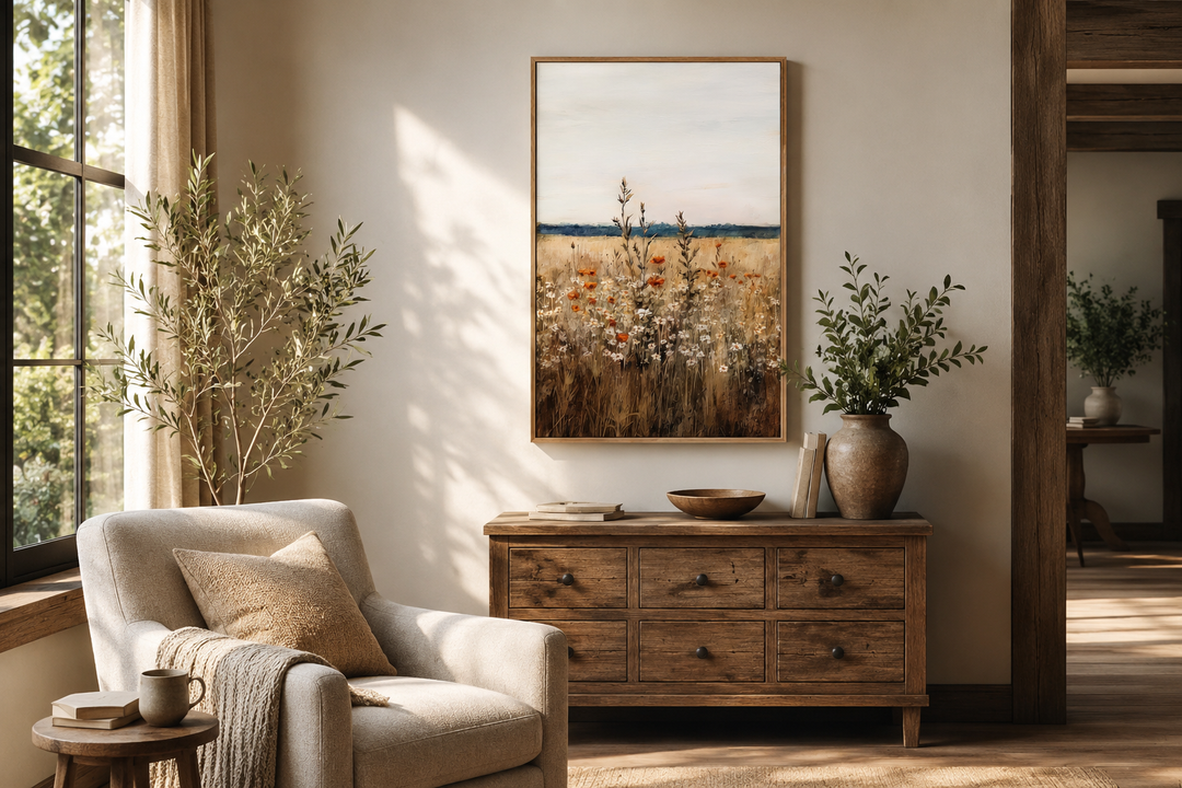 Vintage wildflowers field vertical framed canvas wall art above a rustic wooden dresser.