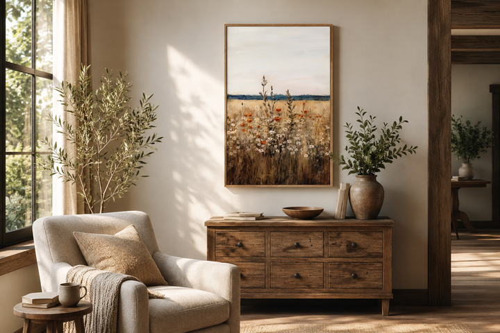 Vintage wildflowers field vertical framed canvas wall art above a rustic wooden dresser.