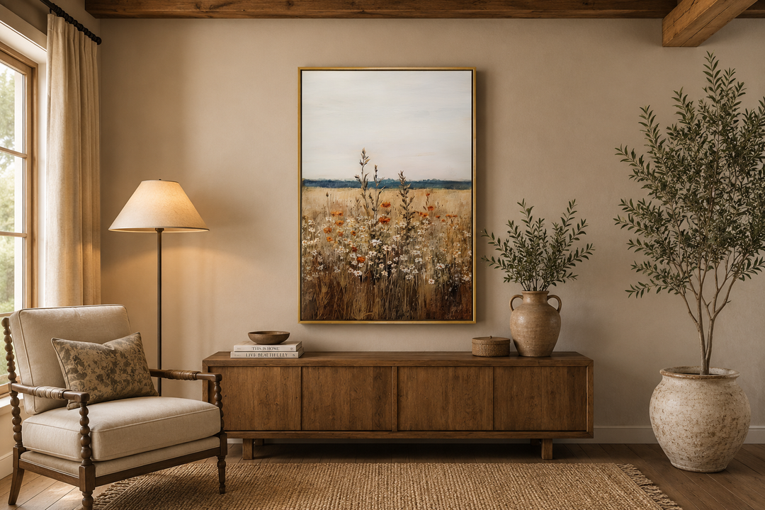 Vintage wildflowers field vertical framed canvas wall art above a wooden sideboard in a cozy room.