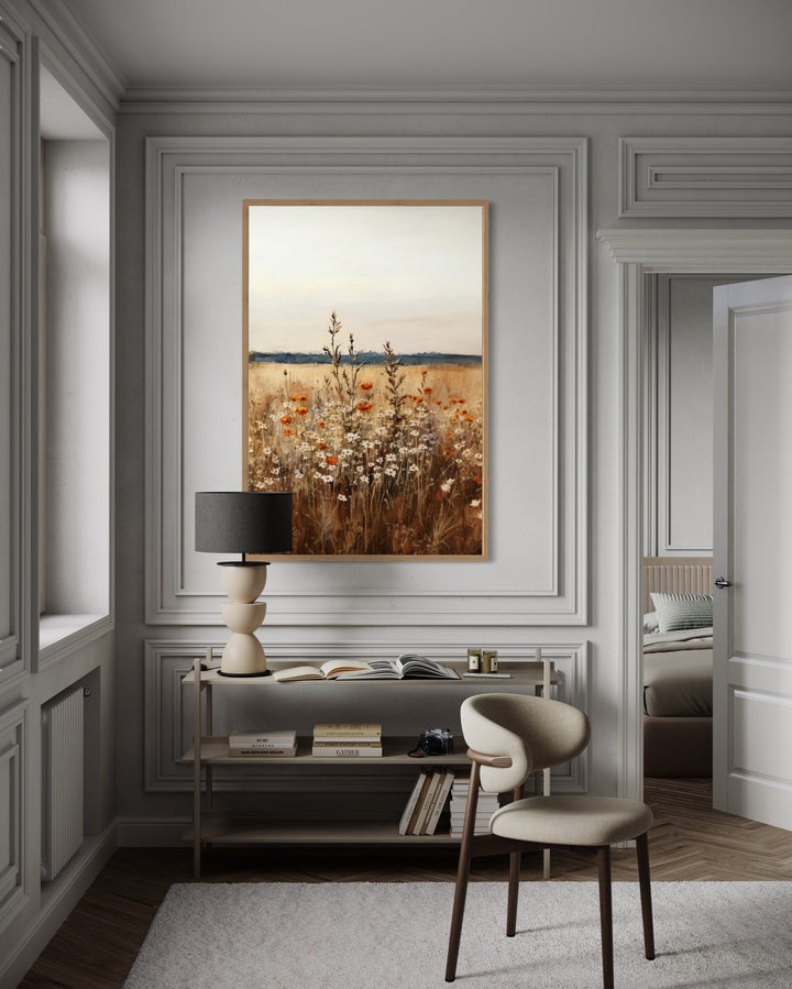 Vintage wildflowers field vertical framed canvas wall art.