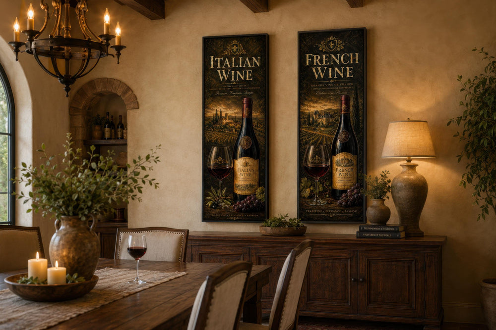 Set of two tall narrow canvas wall art pieces featuring vintage Italian and French wine designs.