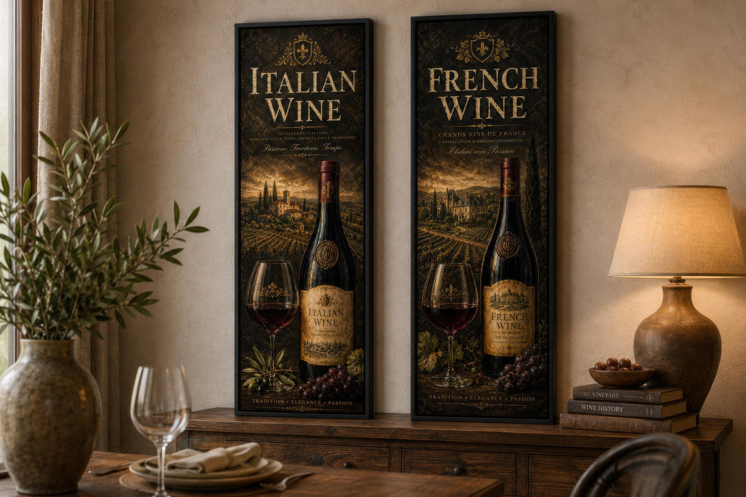 Set of two tall narrow vintage wine wall art canvases featuring Italian and French vineyard scenes.