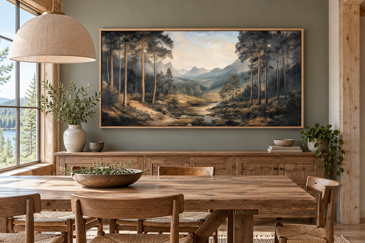 Antique style mountain forest landscape canvas wall art above a wooden sideboard in a dining room.