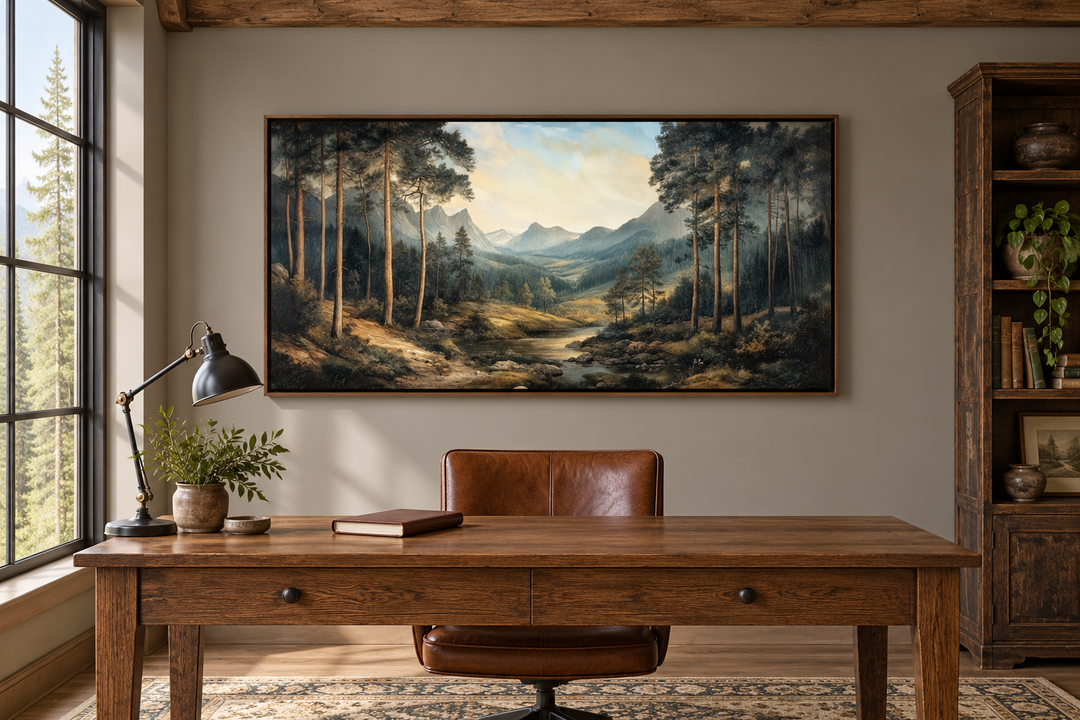 Antique style mountain forest landscape canvas wall art hanging above a wooden desk in a home office.