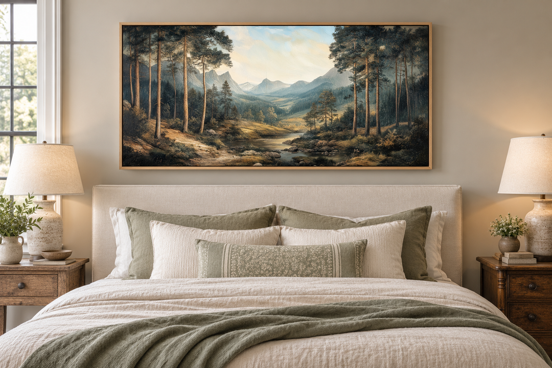 Antique style mountain forest landscape canvas wall art hanging above a bed in a neutral bedroom.