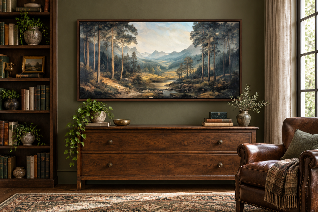 Antique style mountain forest landscape canvas wall art in a dark wood frame over a wooden dresser.