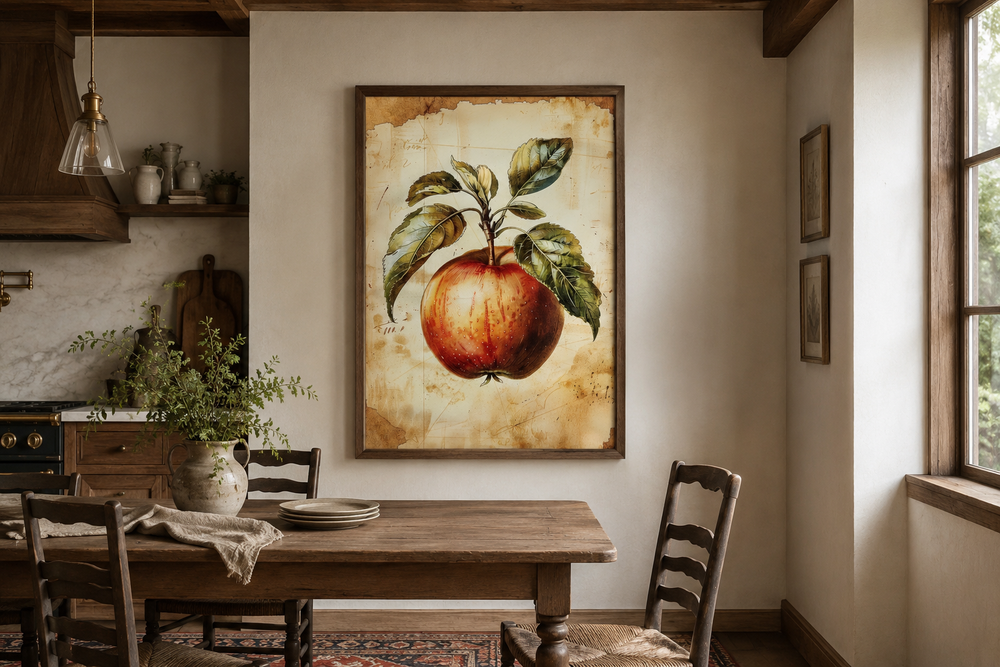 Vintage apple painting in a dark wood frame on a kitchen wall above a rustic dining table.