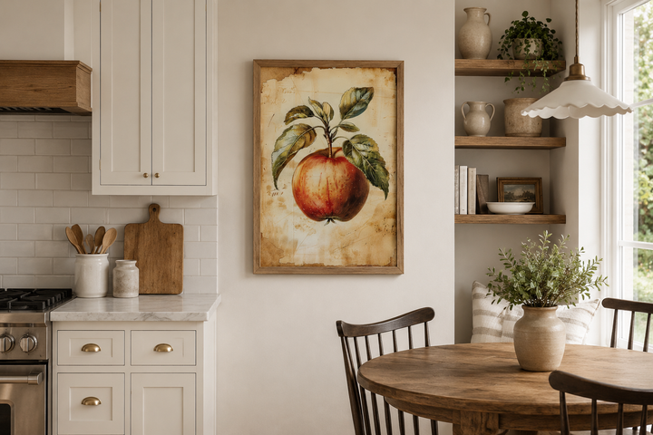Vintage apple painting in a wooden frame hanging on a kitchen wall above a dining table.