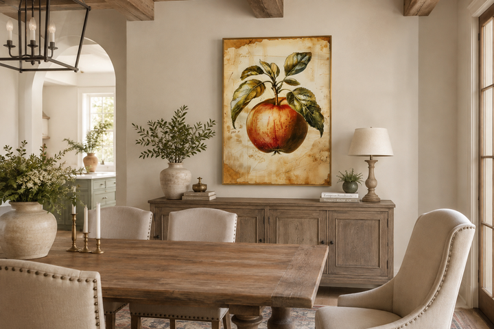 Vintage apple painting framed fruit canvas wall art hanging above a wooden sideboard in a kitchen.