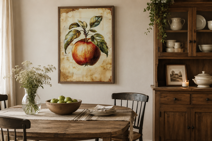 Vintage apple painting in a dark wood frame hanging on a wall above a rustic dining table.