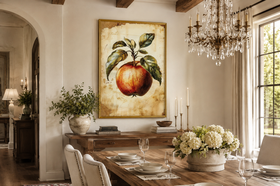 Vintage apple painting in a gold frame hanging above a wooden sideboard in a rustic dining room.
