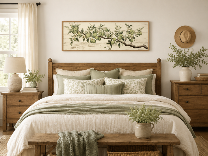 Vintage apple tree branch horizontal framed canvas wall art hanging above a bed in a bedroom.