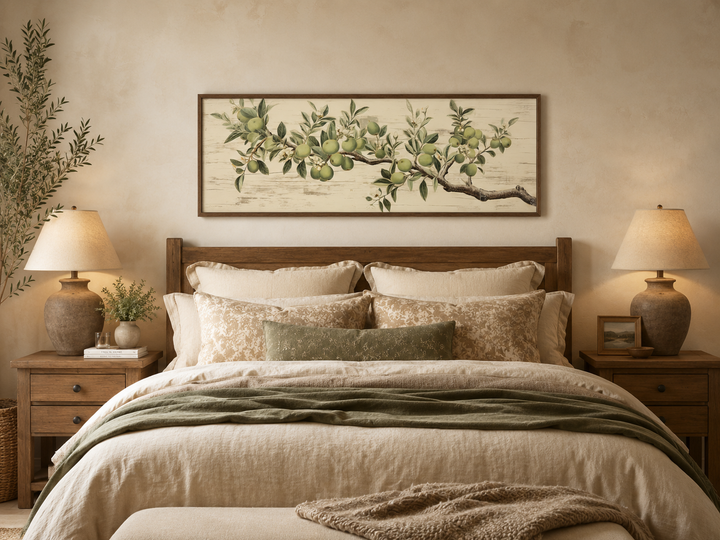 Vintage apple tree branch horizontal framed canvas wall art hanging above a bed in a neutral room.
