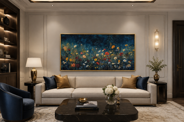 Framed canvas painting of colorful wildflowers in a field under a dark, starry night sky.