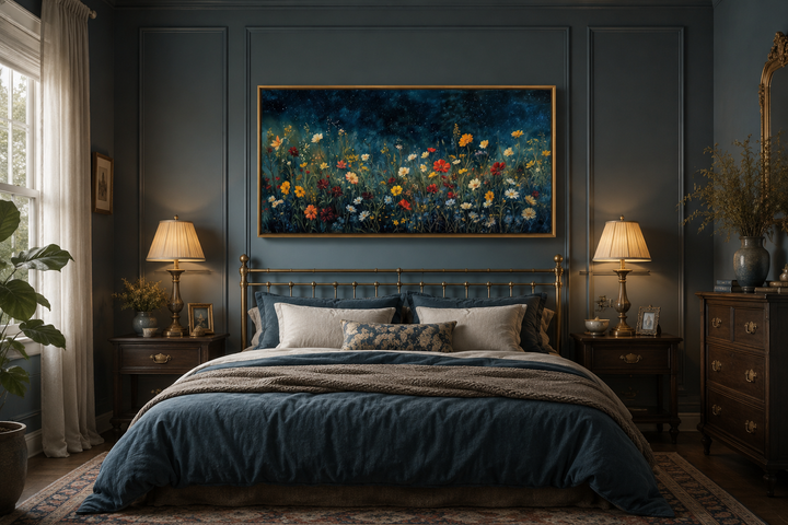 Framed canvas painting of vibrant wildflowers in a field under a dark, starry night sky.