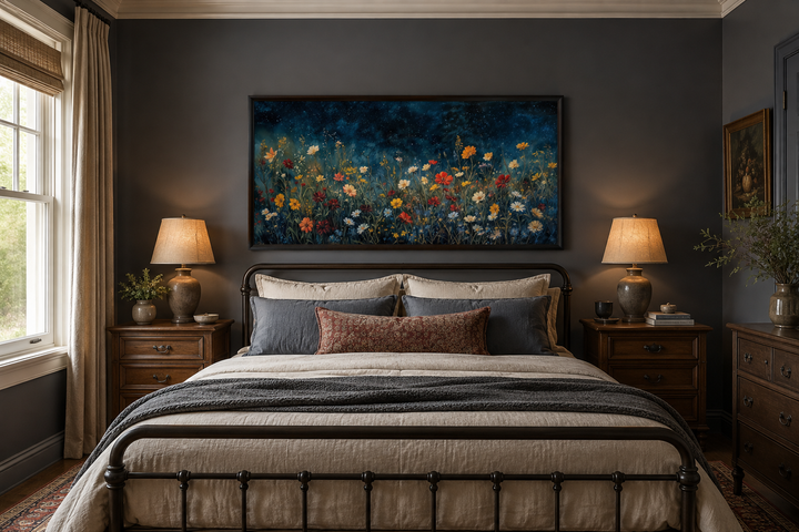 Framed canvas painting of vibrant wildflowers in a field under a dark, starlit night sky.