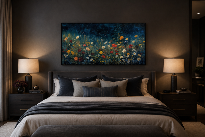 Framed canvas painting of vibrant wildflowers in a field under a dark, starry night sky.