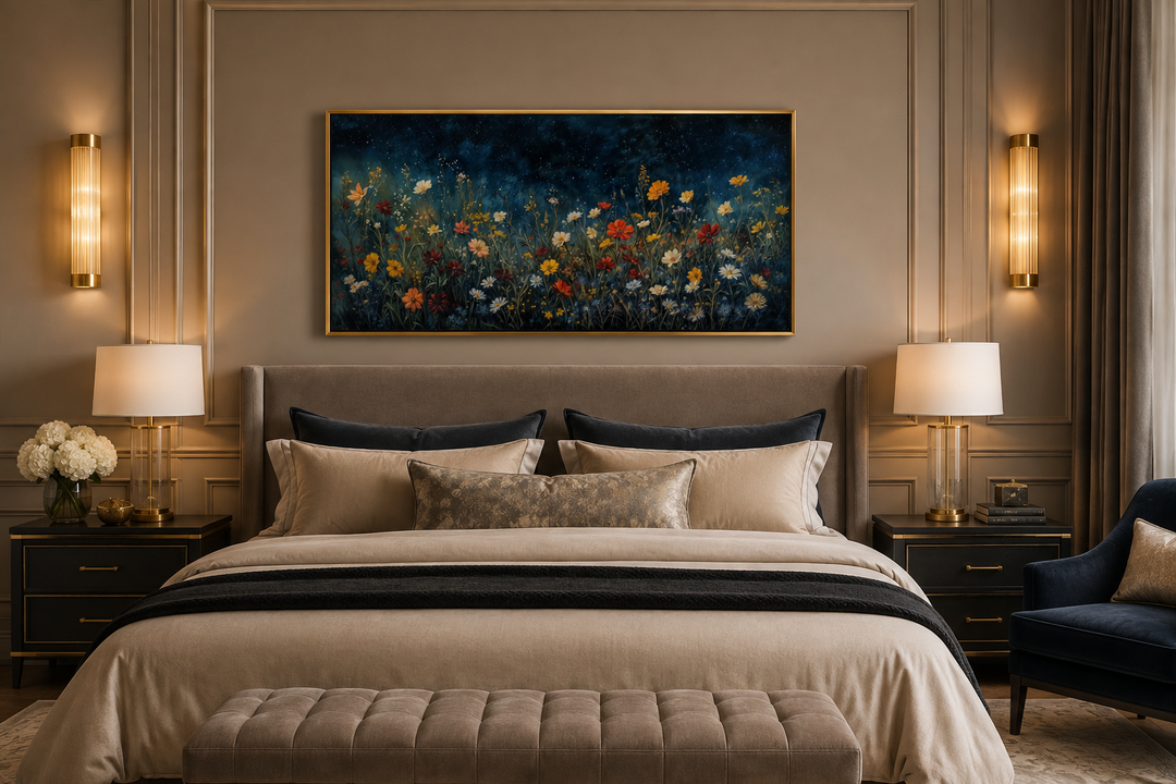 Framed canvas painting of vibrant wildflowers in a field under a dark, starlit night sky.