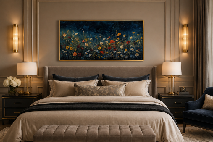 Framed canvas painting of vibrant wildflowers in a field under a dark, starlit night sky.