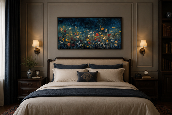 Framed canvas painting of vibrant wildflowers in a field under a dark, starlit night sky.
