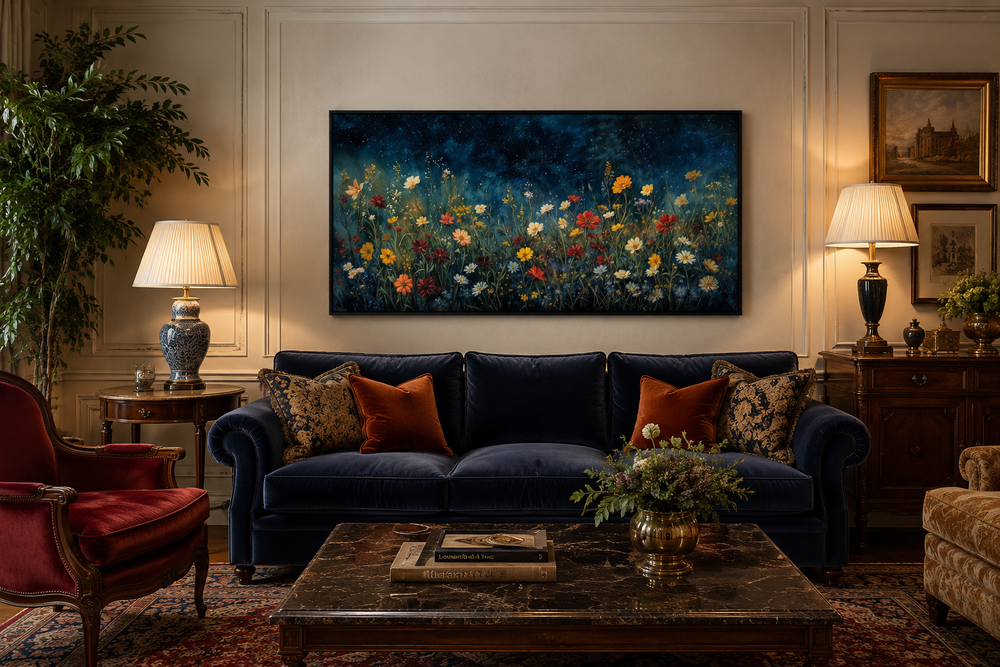 Framed canvas painting of vibrant wildflowers in a field under a dark, starry night sky.