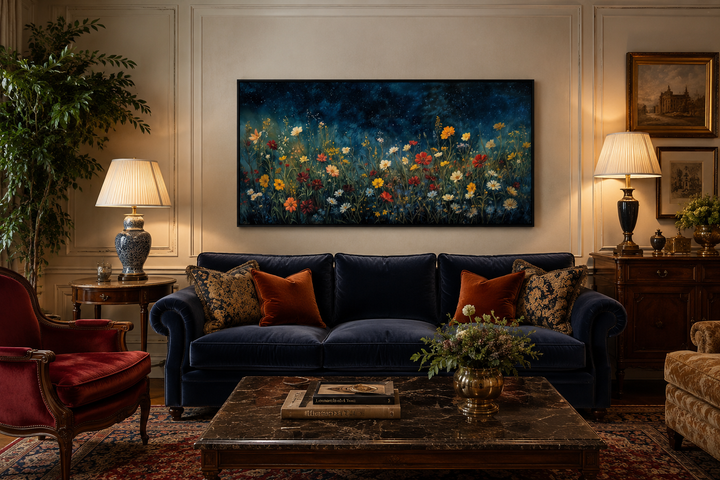 Framed canvas painting of vibrant wildflowers in a field under a dark, starry night sky.