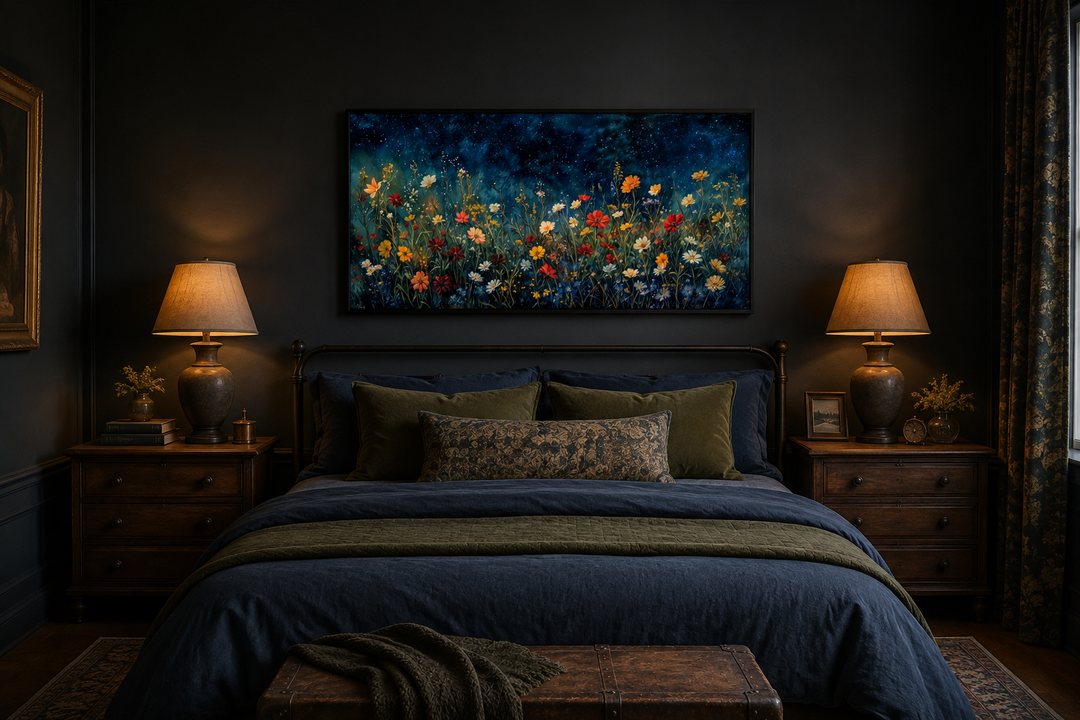 Framed canvas painting of vibrant wildflowers in a field under a dark, starry night sky.
