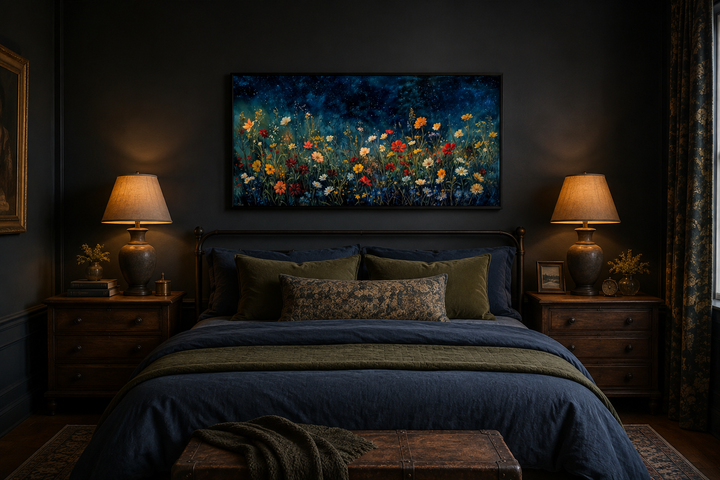 Framed canvas painting of vibrant wildflowers in a field under a dark, starry night sky.