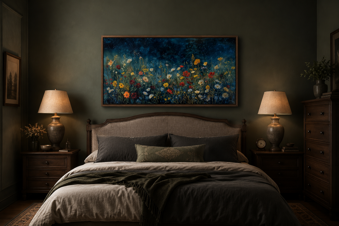 Framed canvas painting of vibrant wildflowers in a field under a dark, starry night sky.