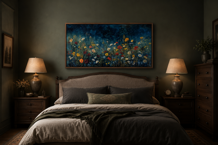 Framed canvas painting of vibrant wildflowers in a field under a dark, starry night sky.