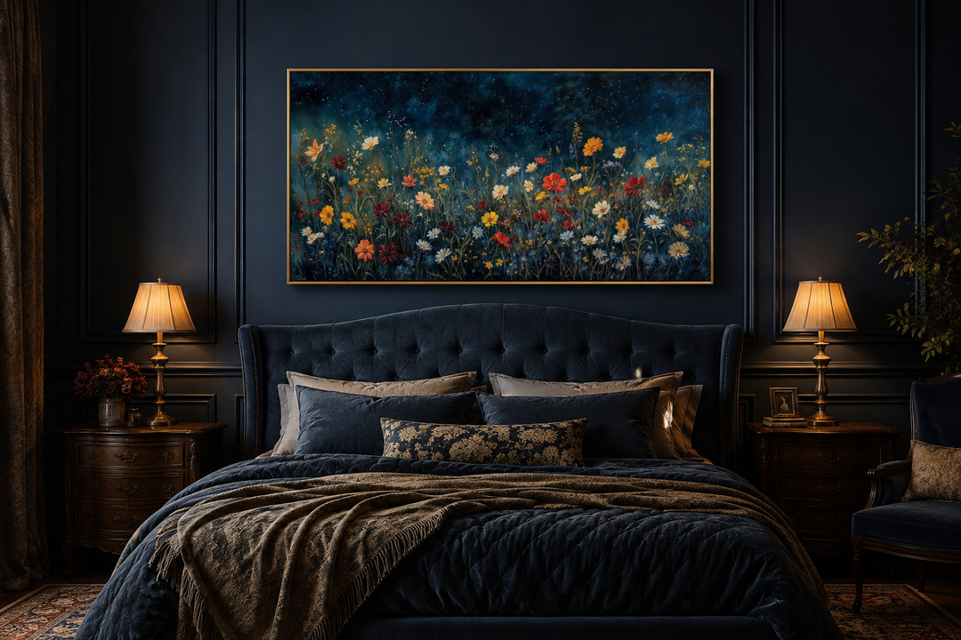 Framed canvas painting of vibrant wildflowers in a field under a dark, starry night sky.