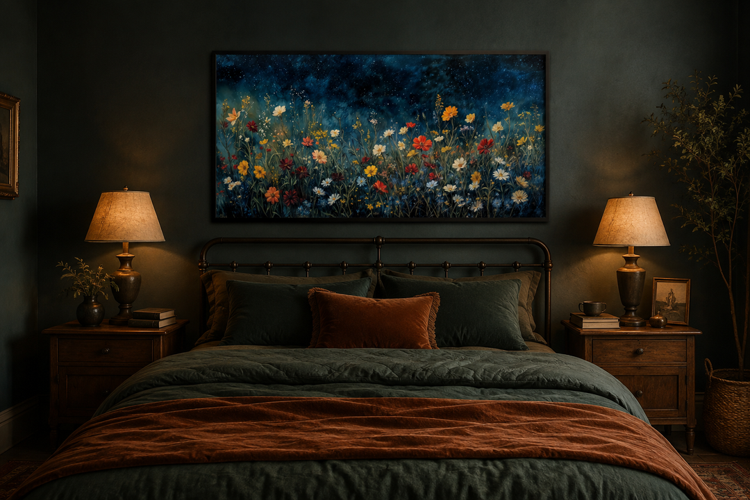 Framed canvas painting of vibrant wildflowers in a field under a dark, starry night sky.