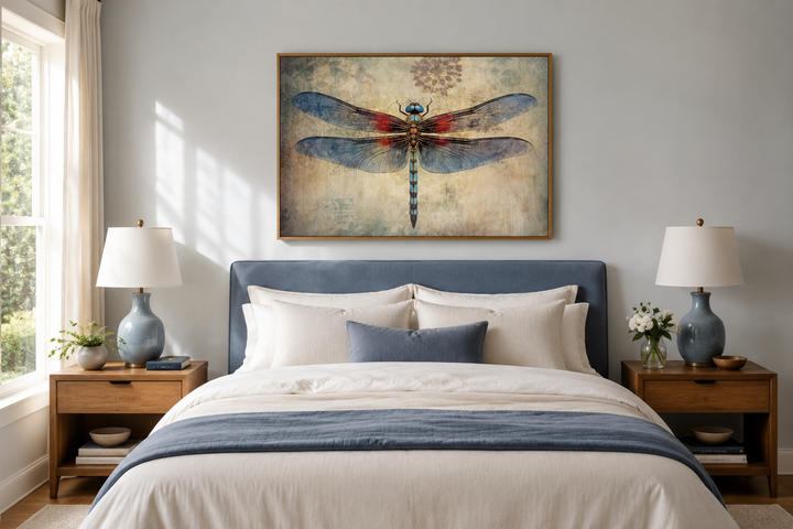 Dragonfly vintage rustic framed canvas wall art hanging above a blue upholstered bed.