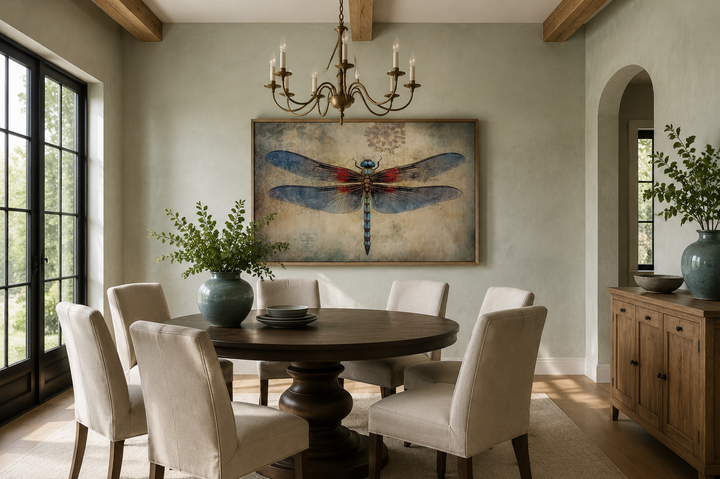 Dragonfly vintage rustic framed canvas wall art hanging in a farmhouse-style dining room.