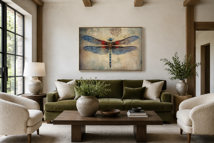 Dragonfly vintage rustic framed canvas wall art hanging above a green sofa in a living room.