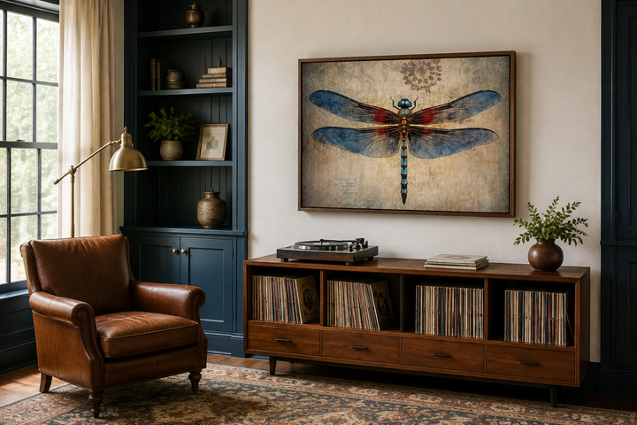 Dragonfly vintage rustic framed canvas wall art hanging above a wooden record player console.