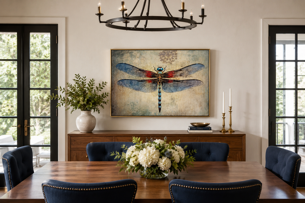 Dragonfly vintage rustic framed canvas wall art hanging above a wooden sideboard in a dining room.